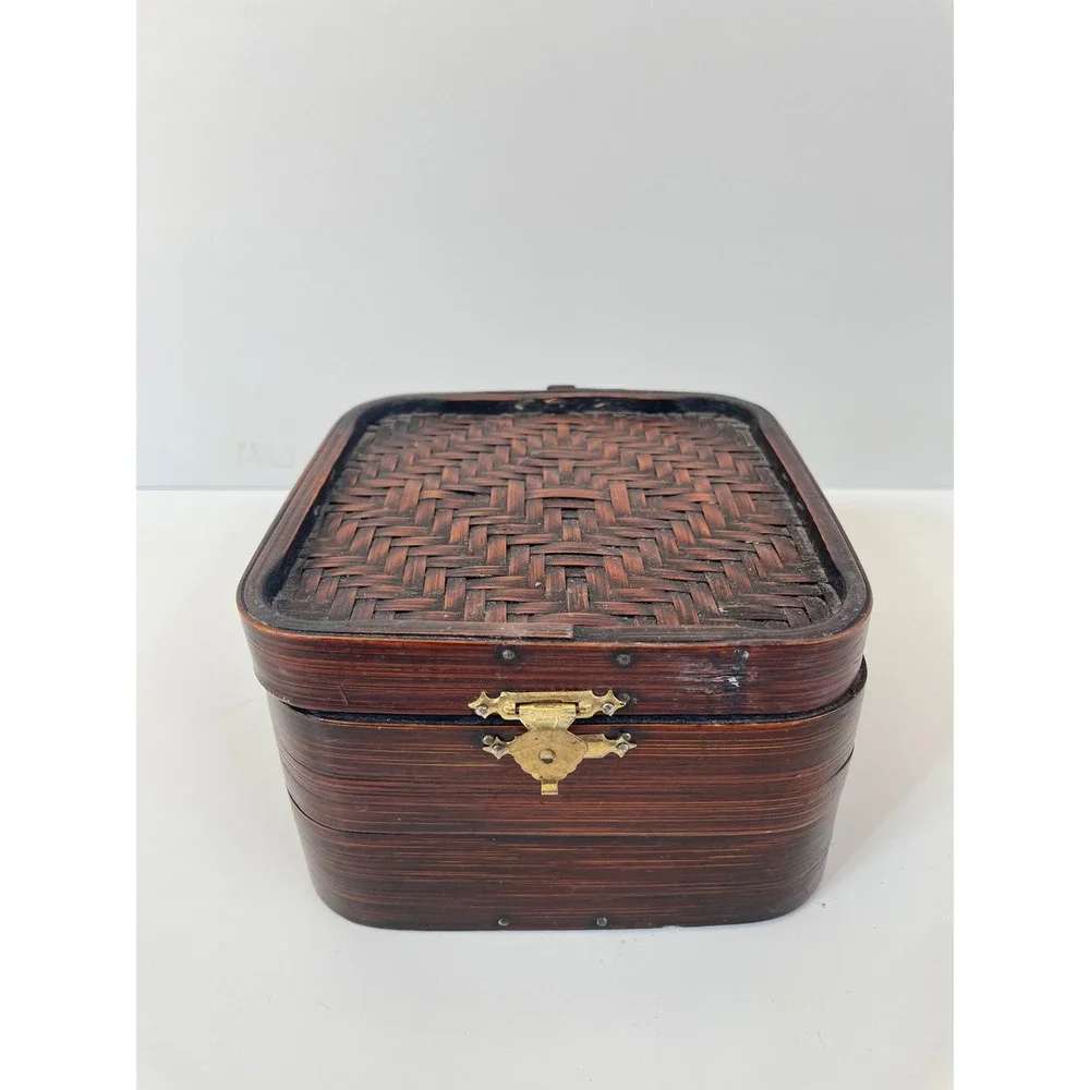 Vintage Woven Bamboo Box Square Brown Basket‎ Brass Latch